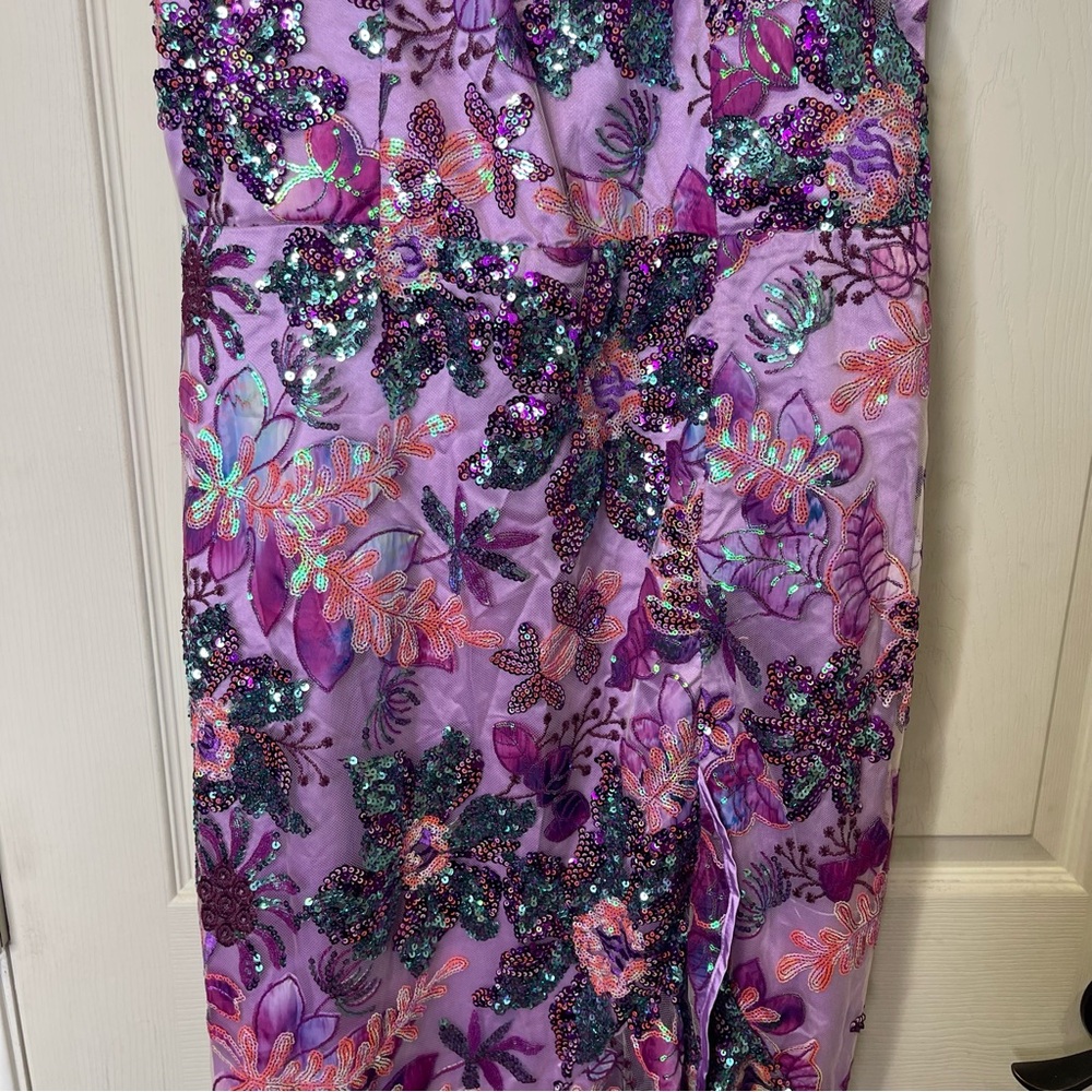 Boston Proper Embroidered Sequin Mesh Ruffle Slit Midi Dress Sz 14 - Picture 3 of 8